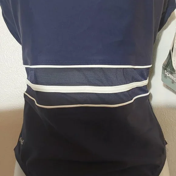 NWT Speedo One-Piece Swimsuit w Sheer Mesh Waist Insert Navy Blue - 12 - Picture 4 of 6